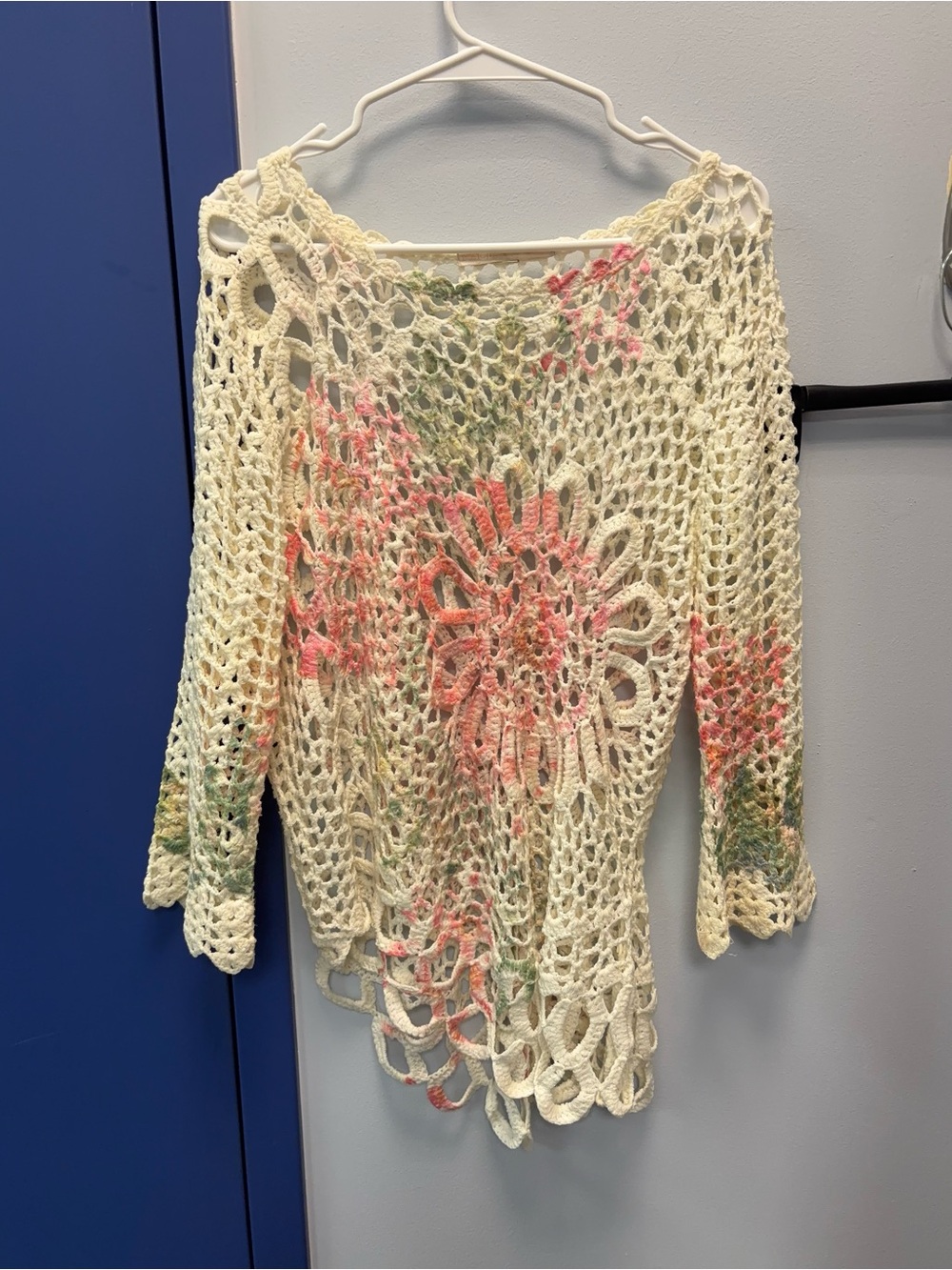 Boston Proper Cream Crochet Floral Open-Front Sweater with Pink & Green Accents